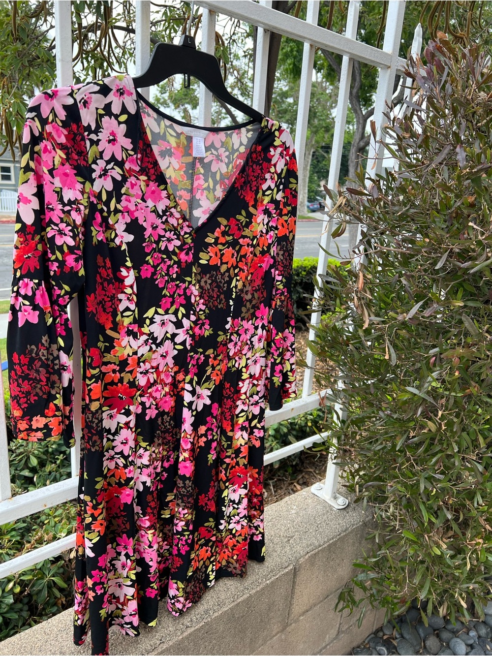 London Times Black Floral Dress with Pink, Yellow & Green Blooms